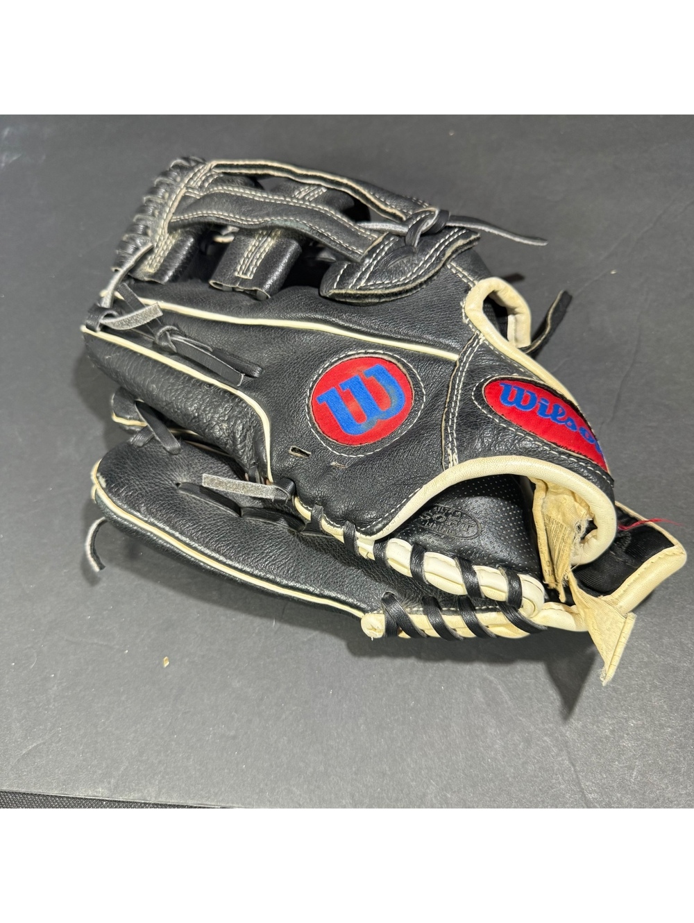 Wilson A450 Left Handed Throw Baseball Glove Black White Trim Red Blue Logo